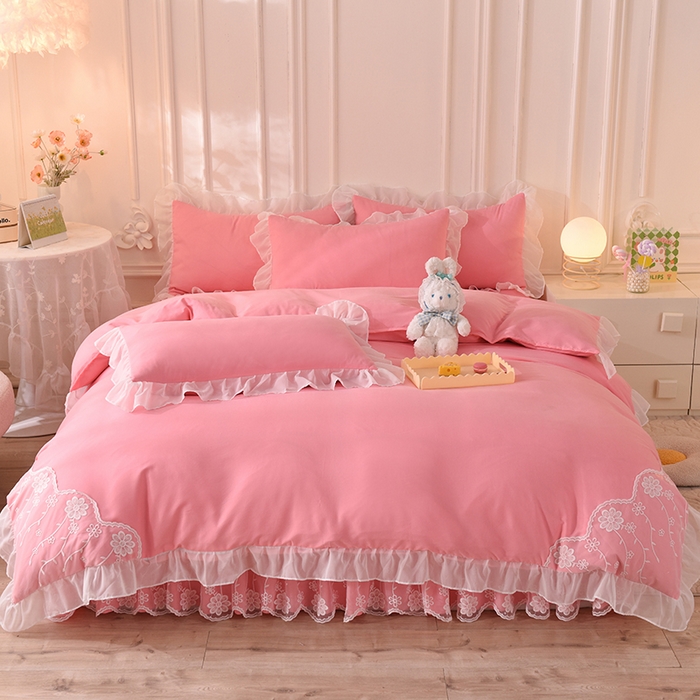 91家纺网 家纺一手货源 找家纺 后庭寝室 2025新款亲肤雪纺花边刺绣蕾丝公主四件套-花香系列 花香-公主粉