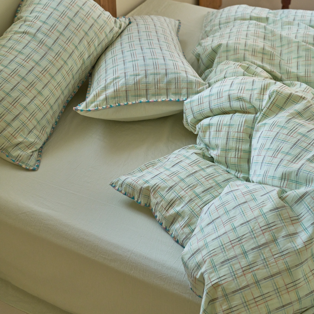 91家纺网 家纺一手货源 找家纺 洋铭区（原狠狠爱） 2025新款慕斯VS早安水洗棉彩边色织提花四件套 早安-苹果绿