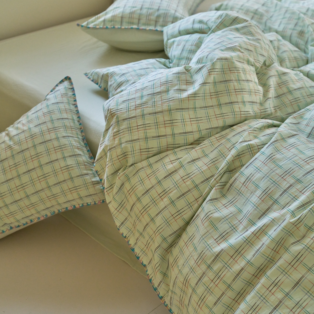 91家纺网 家纺一手货源 找家纺 洋铭区（原狠狠爱） 2025新款慕斯VS早安水洗棉彩边色织提花四件套 早安-苹果绿