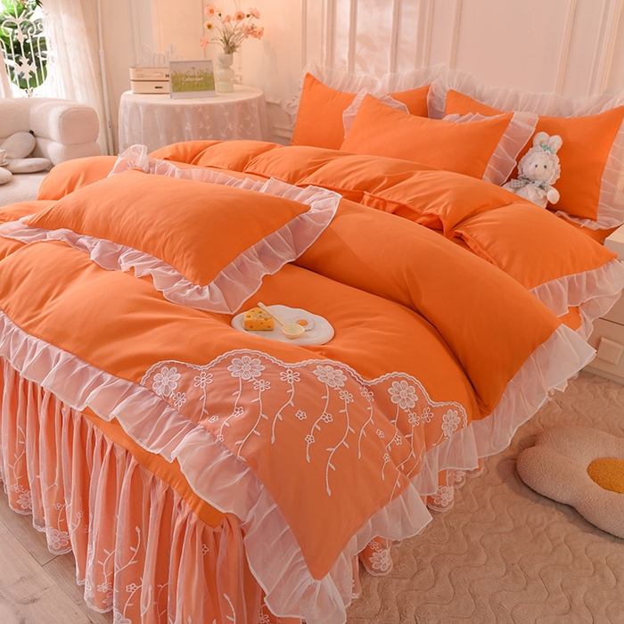 91家纺网 家纺一手货源 找家纺 后庭寝室 2025新款亲肤雪纺花边刺绣蕾丝公主四件套-花香系列 花香-橙