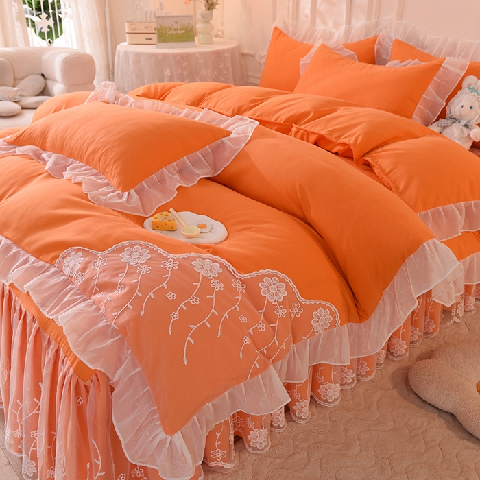 91家纺网 家纺一手货源 找家纺 后庭寝室 2025新款亲肤雪纺花边刺绣蕾丝公主四件套-花香系列 花香-橙