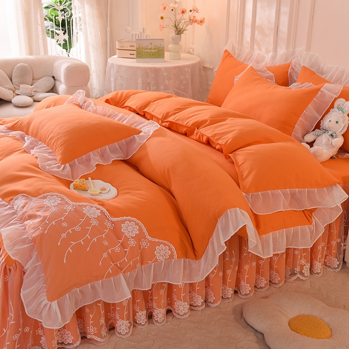 91家纺网 家纺一手货源 找家纺 后庭寝室 2025新款亲肤雪纺花边刺绣蕾丝公主四件套-花香系列 花香-橙
