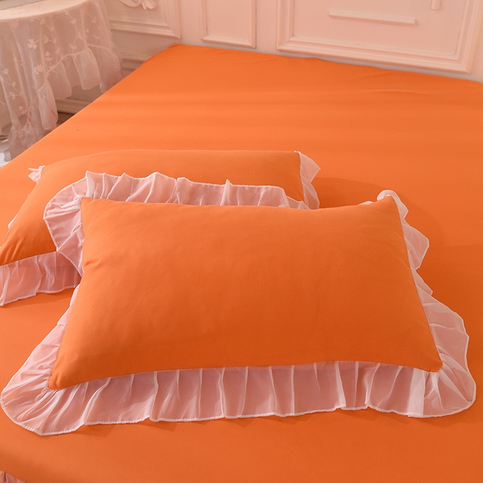 91家纺网 家纺一手货源 找家纺 后庭寝室 2025新款亲肤雪纺花边刺绣蕾丝公主四件套-花香系列 花香-橙