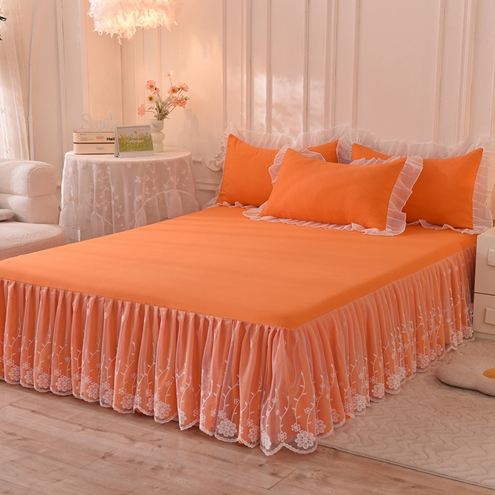 91家纺网 家纺一手货源 找家纺 后庭寝室 2025新款亲肤雪纺花边刺绣蕾丝公主四件套-花香系列 花香-橙