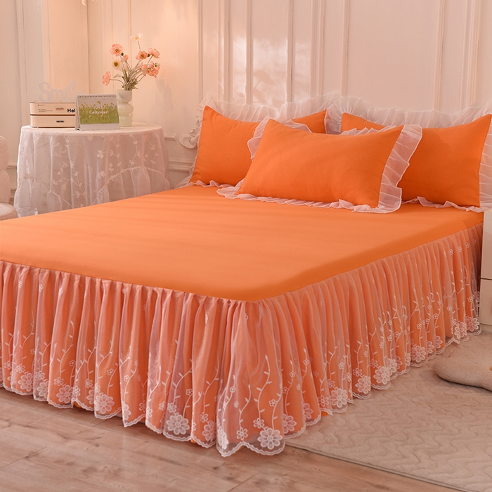 91家纺网 家纺一手货源 找家纺 后庭寝室 2025新款亲肤雪纺花边刺绣蕾丝公主四件套-花香系列 花香-橙