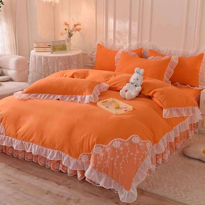91家纺网 家纺一手货源 找家纺 后庭寝室 2025新款亲肤雪纺花边刺绣蕾丝公主四件套-花香系列 花香-橙