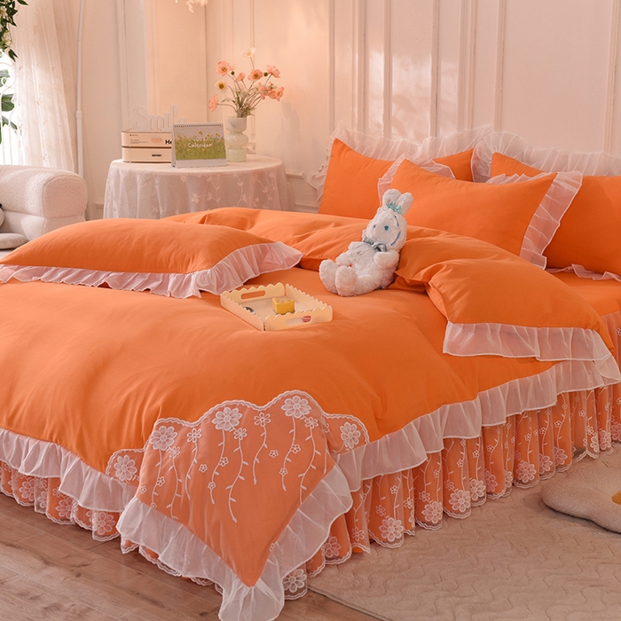 91家纺网 家纺一手货源 找家纺 后庭寝室 2025新款亲肤雪纺花边刺绣蕾丝公主四件套-花香系列 花香-橙