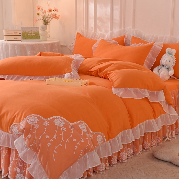 91家纺网 家纺一手货源 找家纺 后庭寝室 2025新款亲肤雪纺花边刺绣蕾丝公主四件套-花香系列 花香-橙