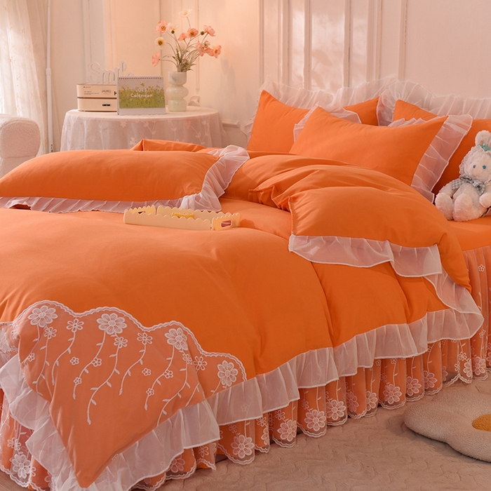 91家纺网 家纺一手货源 找家纺 后庭寝室 2025新款亲肤雪纺花边刺绣蕾丝公主四件套-花香系列 花香-橙