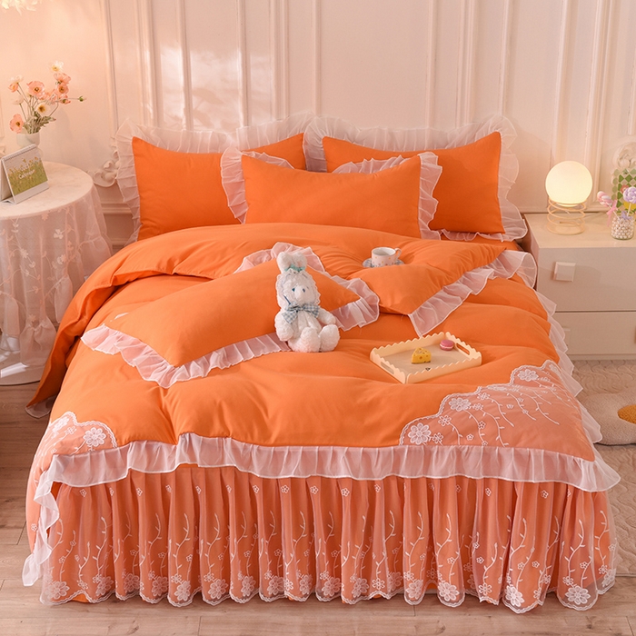 91家纺网 家纺一手货源 找家纺 后庭寝室 2025新款亲肤雪纺花边刺绣蕾丝公主四件套-花香系列 花香-橙