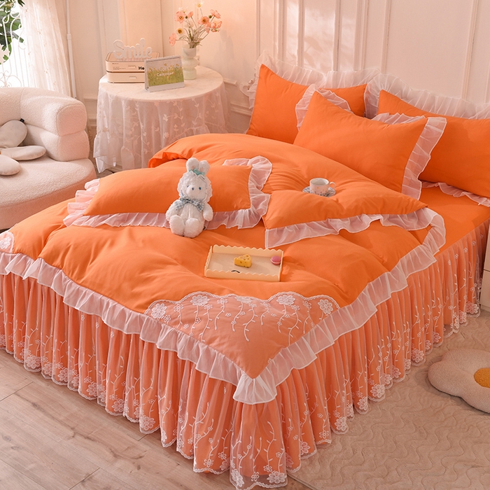 91家纺网 家纺一手货源 找家纺 后庭寝室 2025新款亲肤雪纺花边刺绣蕾丝公主四件套-花香系列 花香-橙