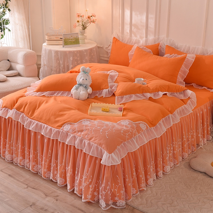 91家纺网 家纺一手货源 找家纺 后庭寝室 2025新款亲肤雪纺花边刺绣蕾丝公主四件套-花香系列 花香-橙