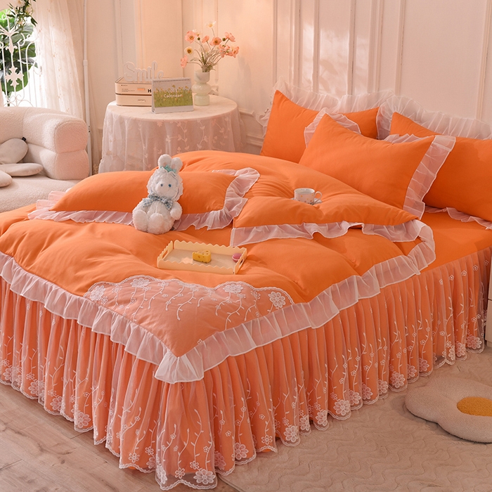 91家纺网 家纺一手货源 找家纺 后庭寝室 2025新款亲肤雪纺花边刺绣蕾丝公主四件套-花香系列 花香-橙