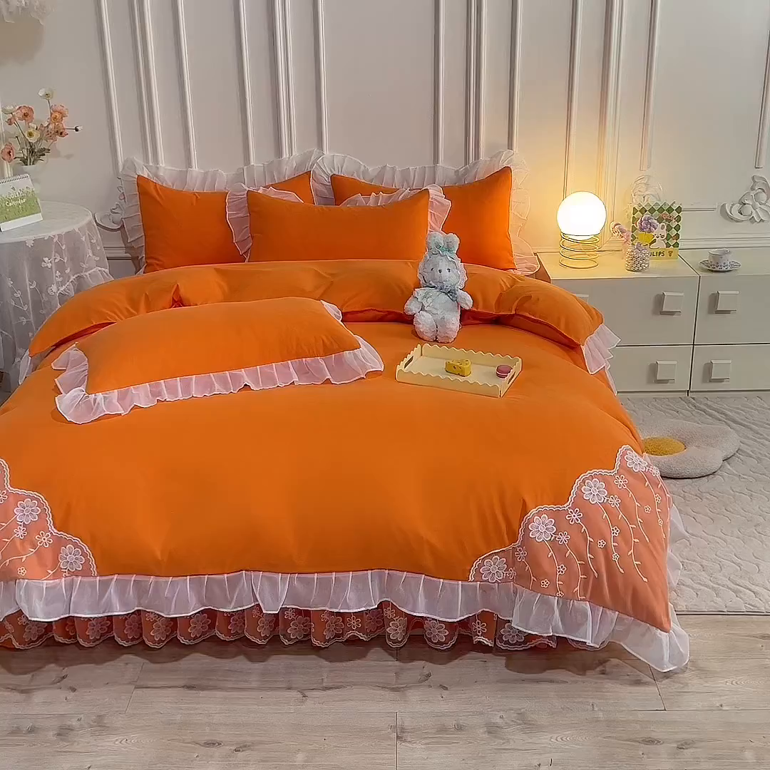91家纺网 家纺一手货源 找家纺 后庭寝室 2025新款亲肤雪纺花边刺绣蕾丝公主四件套-花香系列 花香-橙