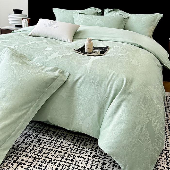 91家纺网 家纺一手货源 找家纺 家居1号家纺 2025新款长绒棉纯棉提花四件套叶舞轻扬 叶舞轻扬-浅绿