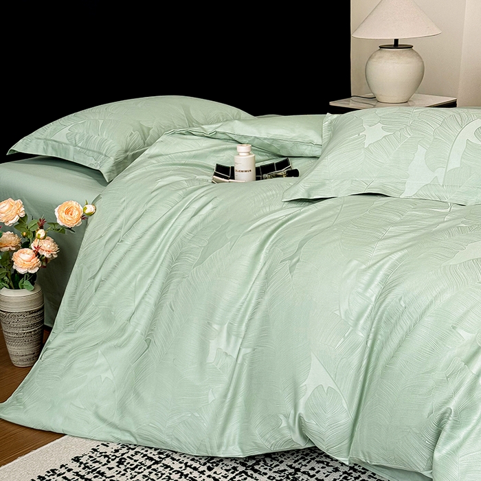 91家纺网 家纺一手货源 找家纺 家居1号家纺 2025新款长绒棉纯棉提花四件套叶舞轻扬 叶舞轻扬-浅绿