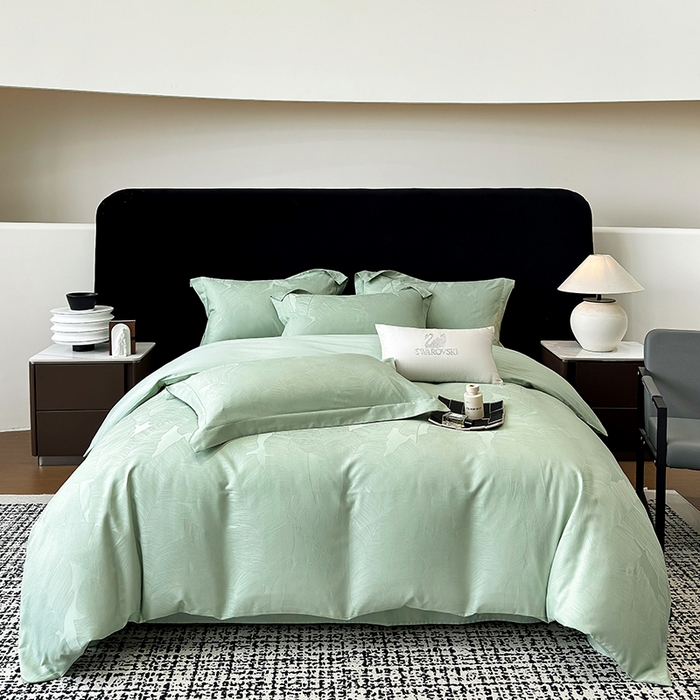 91家纺网 家纺一手货源 找家纺 家居1号家纺 2025新款长绒棉纯棉提花四件套叶舞轻扬 叶舞轻扬-浅绿