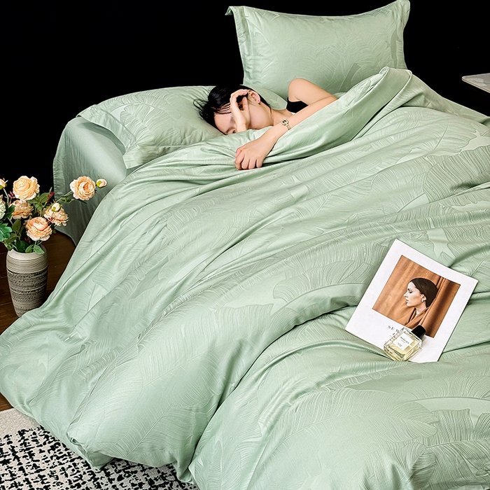 91家纺网 家纺一手货源 找家纺 家居1号家纺 2025新款长绒棉纯棉提花四件套叶舞轻扬 叶舞轻扬-浅绿