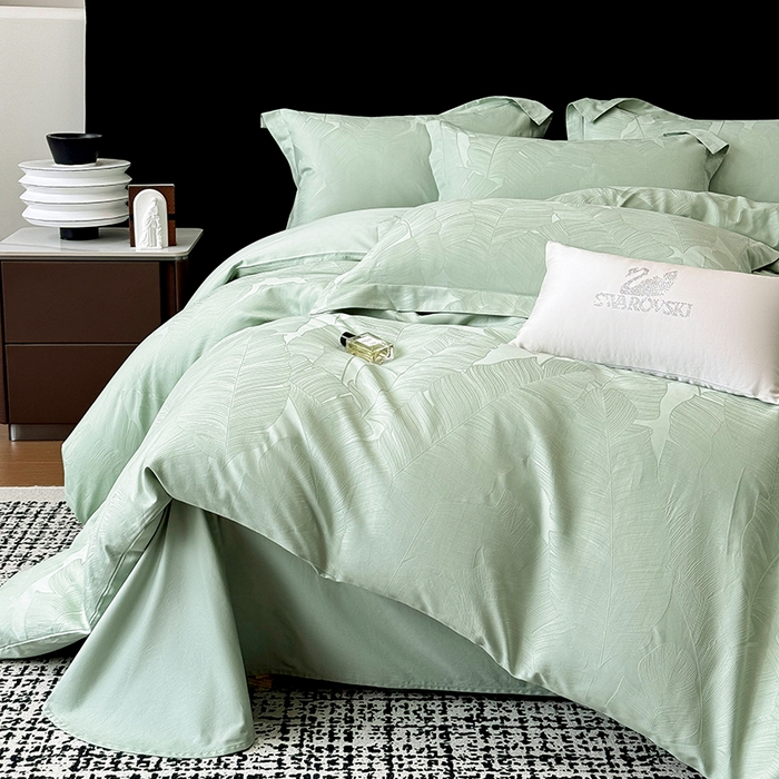 91家纺网 家纺一手货源 找家纺 家居1号家纺 2025新款长绒棉纯棉提花四件套叶舞轻扬 叶舞轻扬-浅绿