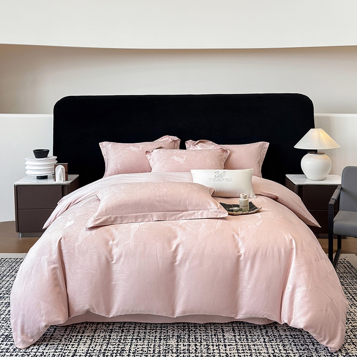 91家纺网 家纺一手货源 找家纺 家居1号家纺 2025新款长绒棉纯棉提花四件套叶舞轻扬 叶舞轻扬-少女粉