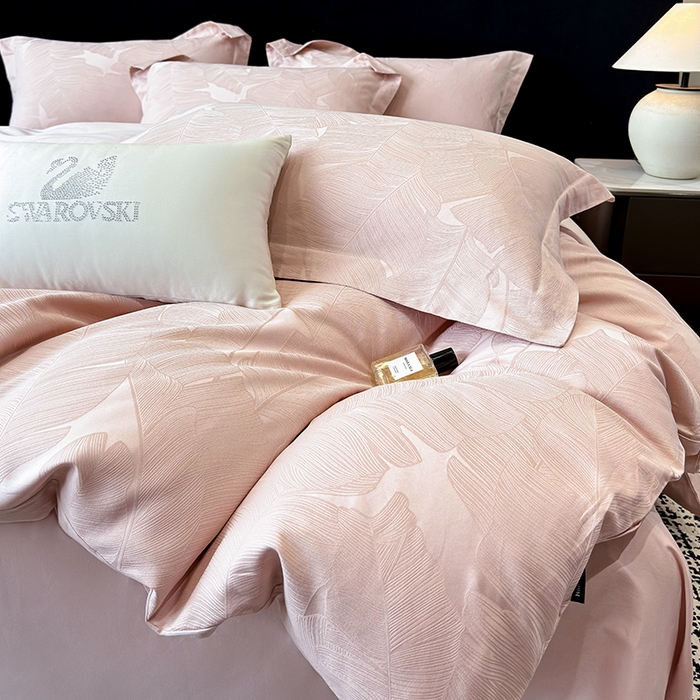 91家纺网 家纺一手货源 找家纺 家居1号家纺 2025新款长绒棉纯棉提花四件套叶舞轻扬 叶舞轻扬-少女粉