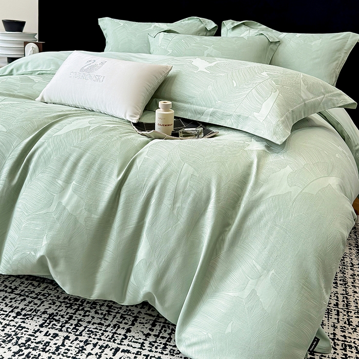 91家纺网 家纺一手货源 找家纺 家居1号家纺 2025新款长绒棉纯棉提花四件套叶舞轻扬 叶舞轻扬-浅绿