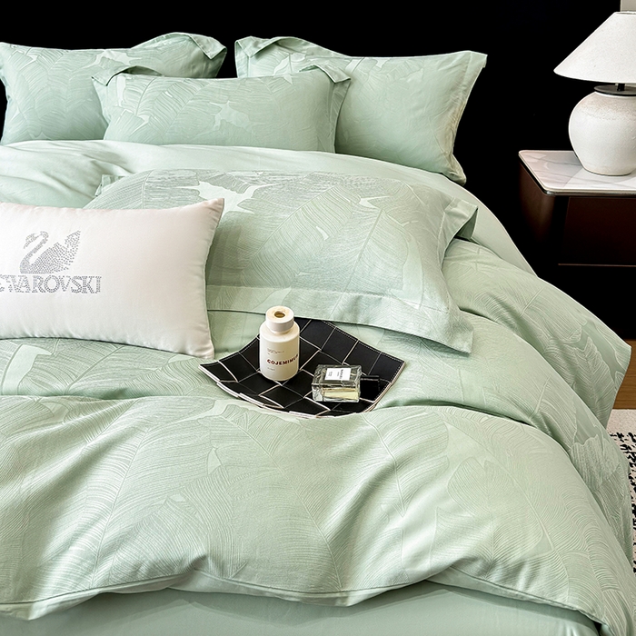 91家纺网 家纺一手货源 找家纺 家居1号家纺 2025新款长绒棉纯棉提花四件套叶舞轻扬 叶舞轻扬-浅绿