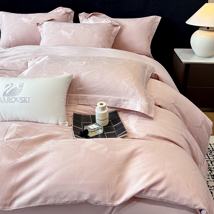 91家纺网 家纺一手货源 找家纺 家居1号家纺 2025新款长绒棉纯棉提花四件套叶舞轻扬 叶舞轻扬-少女粉