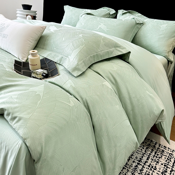 91家纺网 家纺一手货源 找家纺 家居1号家纺 2025新款长绒棉纯棉提花四件套叶舞轻扬 叶舞轻扬-浅绿