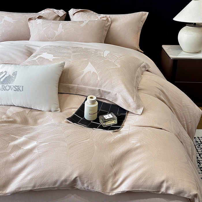 91家纺网 家纺一手货源 找家纺 家居1号家纺 2025新款长绒棉纯棉提花四件套叶舞轻扬 叶舞轻扬-香槟金