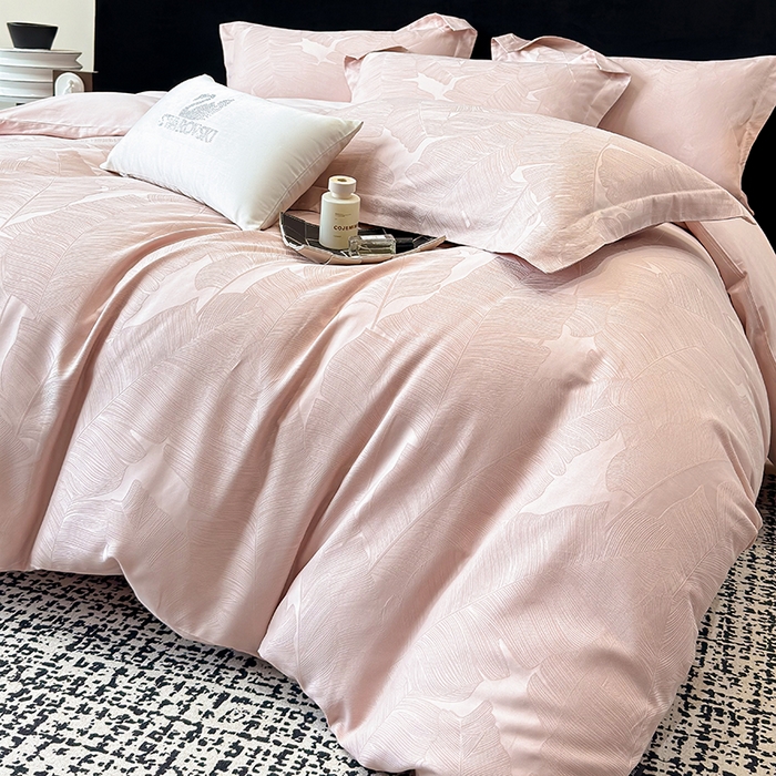 91家纺网 家纺一手货源 找家纺 家居1号家纺 2025新款长绒棉纯棉提花四件套叶舞轻扬 叶舞轻扬-少女粉