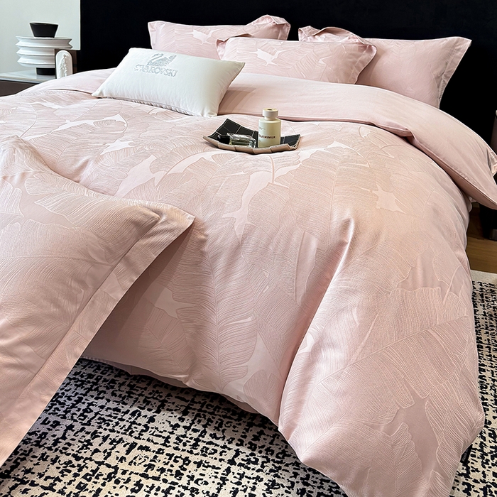 91家纺网 家纺一手货源 找家纺 家居1号家纺 2025新款长绒棉纯棉提花四件套叶舞轻扬 叶舞轻扬-少女粉