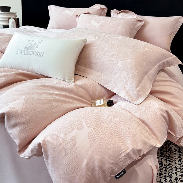 91家纺网 家纺一手货源 找家纺 家居1号家纺 2025新款长绒棉纯棉提花四件套叶舞轻扬 叶舞轻扬-少女粉