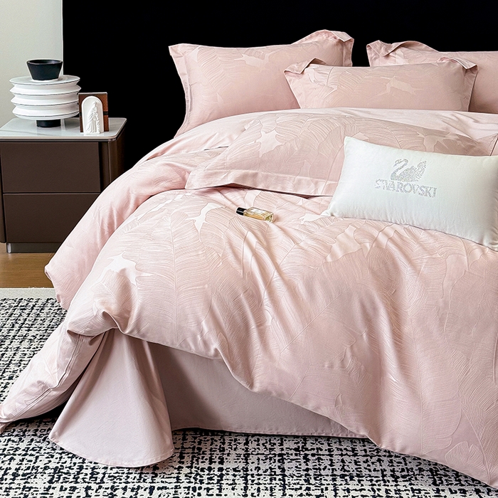 91家纺网 家纺一手货源 找家纺 家居1号家纺 2025新款长绒棉纯棉提花四件套叶舞轻扬 叶舞轻扬-少女粉