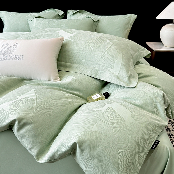 91家纺网 家纺一手货源 找家纺 家居1号家纺 2025新款长绒棉纯棉提花四件套叶舞轻扬 叶舞轻扬-浅绿