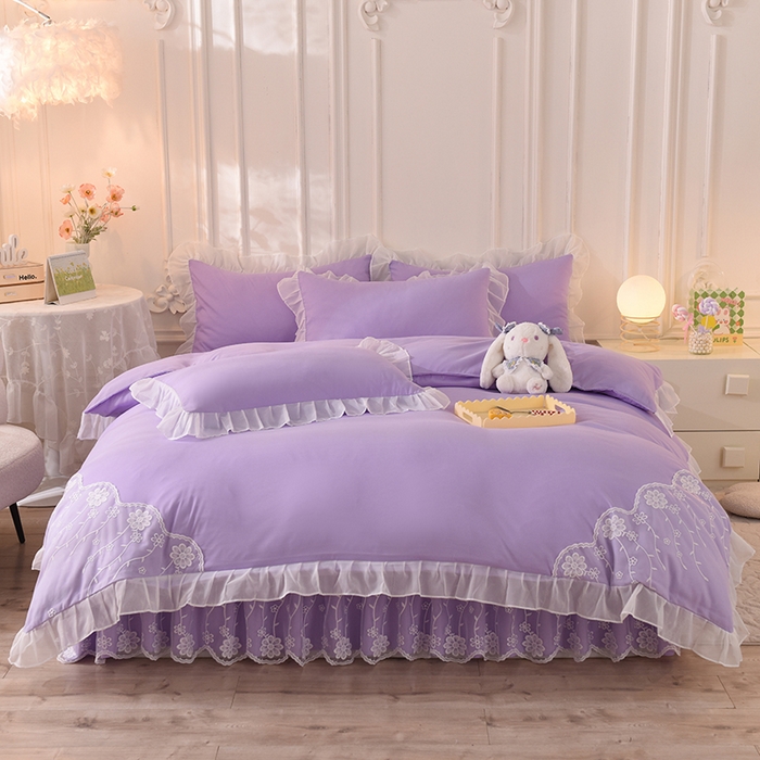 91家纺网 家纺一手货源 找家纺 后庭寝室 2025新款亲肤雪纺花边刺绣蕾丝公主四件套-花香系列 花香-梦幻紫