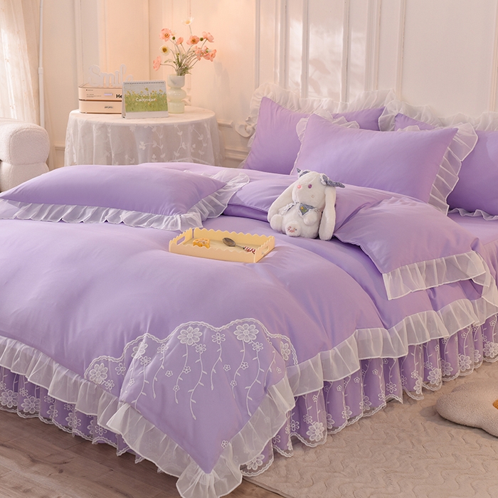 91家纺网 家纺一手货源 找家纺 后庭寝室 2025新款亲肤雪纺花边刺绣蕾丝公主四件套-花香系列 花香-梦幻紫