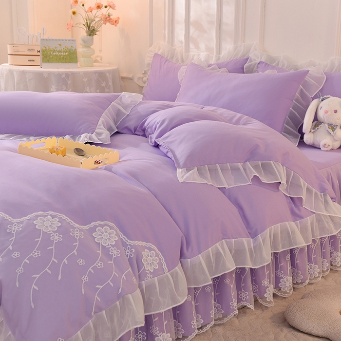 91家纺网 家纺一手货源 找家纺 后庭寝室 2025新款亲肤雪纺花边刺绣蕾丝公主四件套-花香系列 花香-梦幻紫