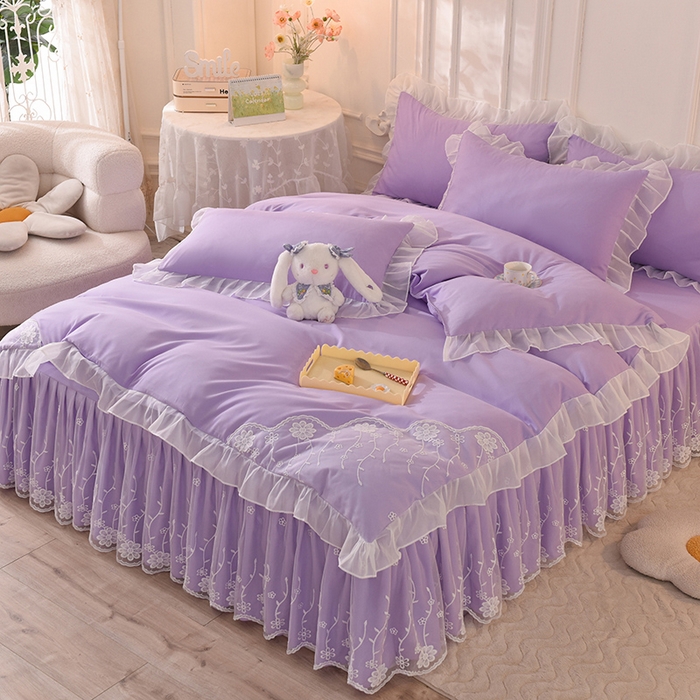 91家纺网 家纺一手货源 找家纺 后庭寝室 2025新款亲肤雪纺花边刺绣蕾丝公主四件套-花香系列 花香-梦幻紫