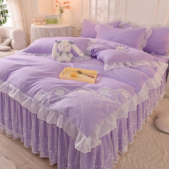 91家纺网 家纺一手货源 找家纺 后庭寝室 2025新款亲肤雪纺花边刺绣蕾丝公主四件套-花香系列 花香-梦幻紫