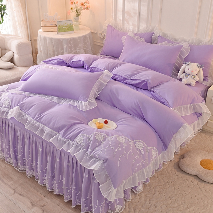 91家纺网 家纺一手货源 找家纺 后庭寝室 2025新款亲肤雪纺花边刺绣蕾丝公主四件套-花香系列 花香-梦幻紫