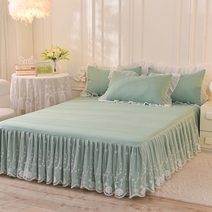 91家纺网 家纺一手货源 找家纺 后庭寝室 2025新款亲肤雪纺花边刺绣蕾丝公主四件套-花香系列 花香-奶绿