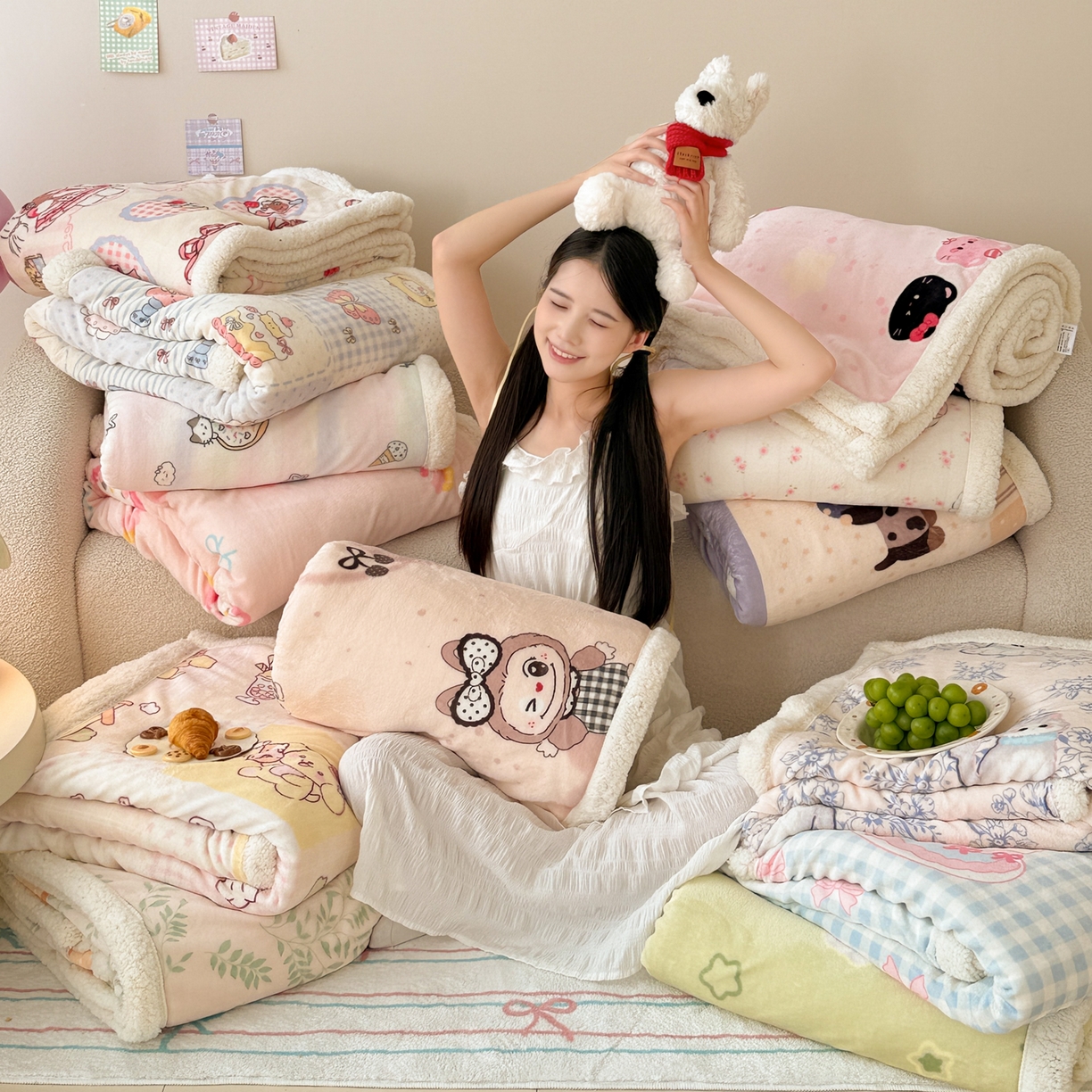 91家纺网 家纺一手货源 找家纺 沐慕 2025新款牛奶绒拼羊羔绒毛毯盖毯毯子 组合图仅供展示不可下单