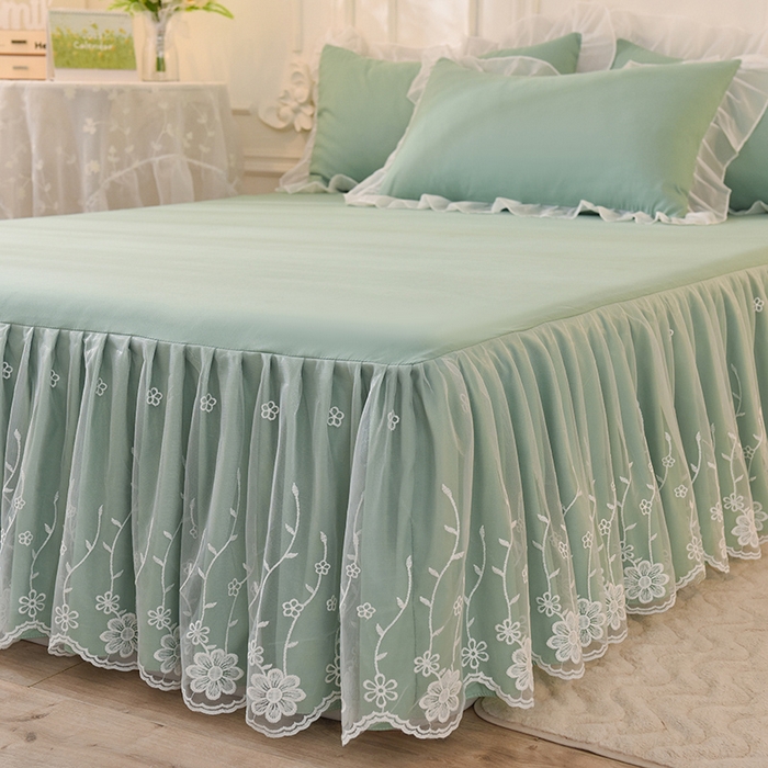 91家纺网 家纺一手货源 找家纺 后庭寝室 2025新款亲肤雪纺花边刺绣蕾丝公主四件套-花香系列 花香-奶绿