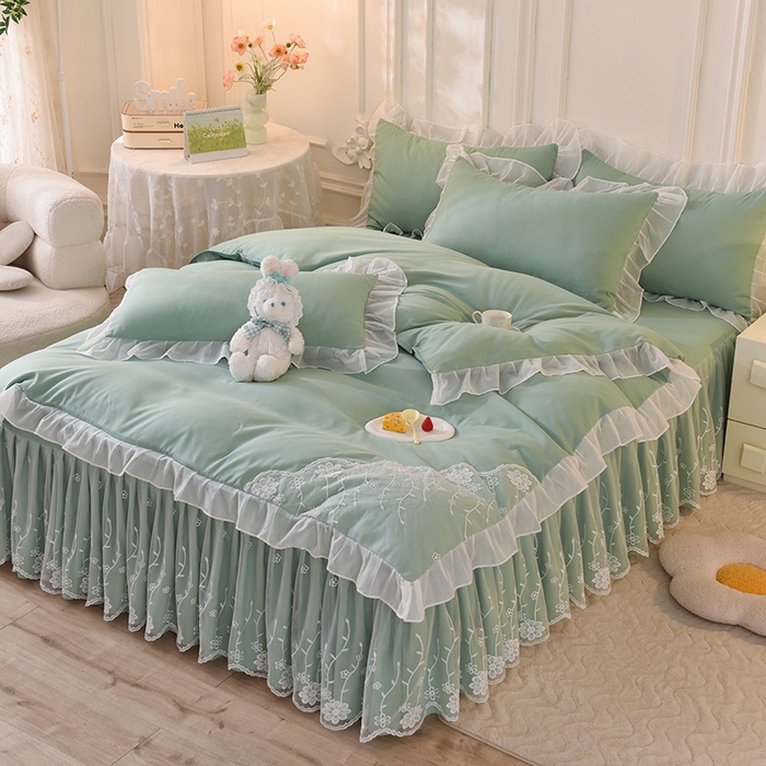 91家纺网 家纺一手货源 找家纺 后庭寝室 2025新款亲肤雪纺花边刺绣蕾丝公主四件套-花香系列 花香-奶绿