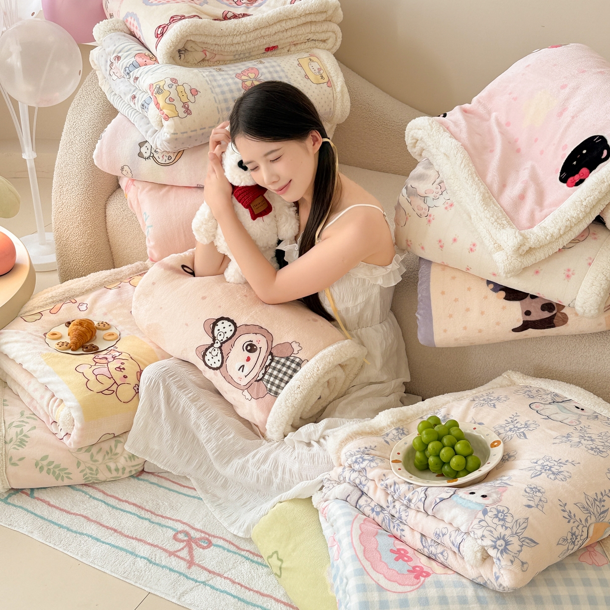 91家纺网 家纺一手货源 找家纺 沐慕 2025新款牛奶绒拼羊羔绒毛毯盖毯毯子 组合图仅供展示不可下单