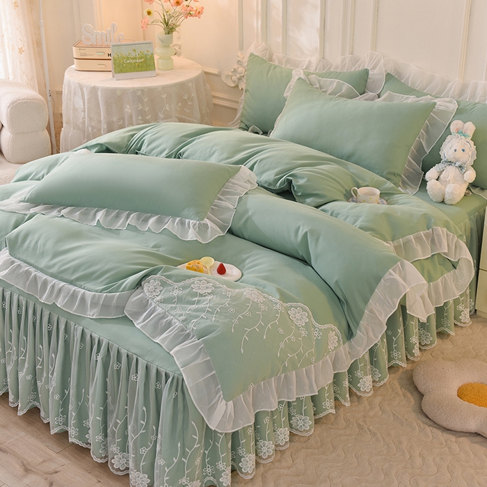 91家纺网 家纺一手货源 找家纺 后庭寝室 2025新款亲肤雪纺花边刺绣蕾丝公主四件套-花香系列 花香-奶绿