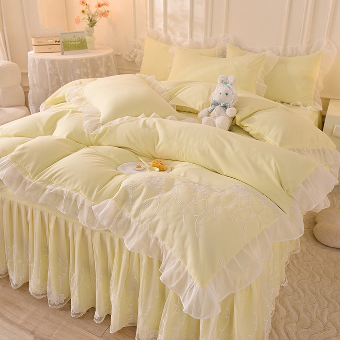 后庭寝室 2025新款亲肤雪纺花边刺绣蕾丝公主四件套-花香系列 花香-浅果绿