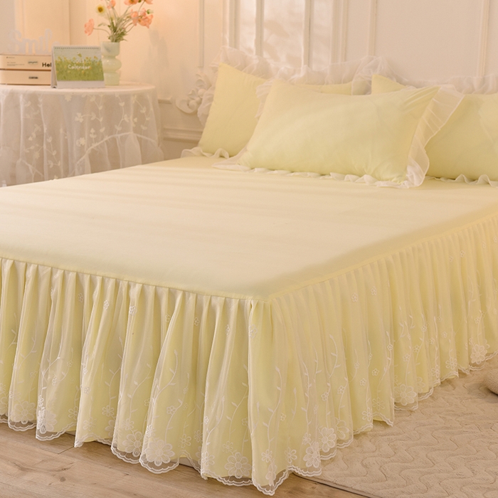 91家纺网 家纺一手货源 找家纺 后庭寝室 2025新款亲肤雪纺花边刺绣蕾丝公主四件套-花香系列 花香-浅果绿