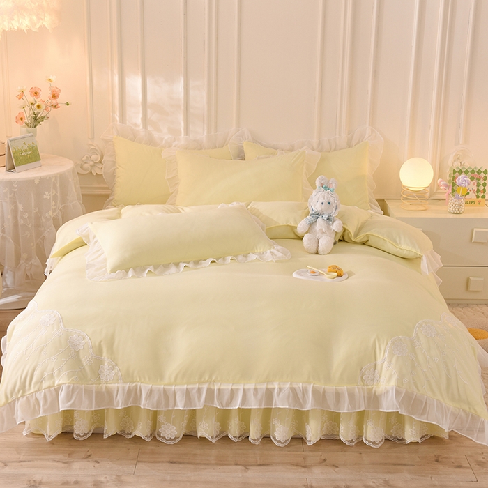 91家纺网 家纺一手货源 找家纺 后庭寝室 2025新款亲肤雪纺花边刺绣蕾丝公主四件套-花香系列 花香-浅果绿